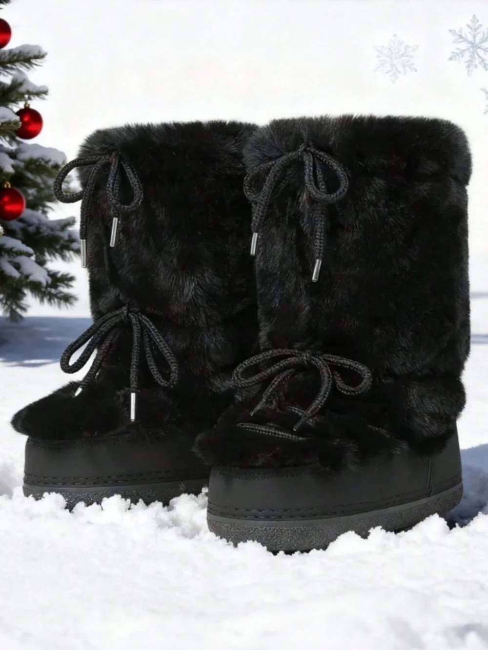 Black Cute Women's Lace-Up Furry Flat Round-Toe Boots